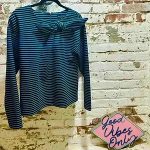 BANANA REPUBLIC striped long sleeved shirt in navy and white with bow at neck.